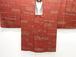 未使用品　横段に花鳥更紗模様道行コート